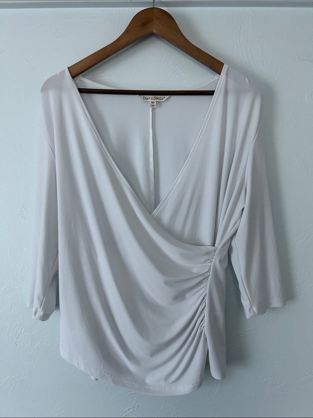 TravelSmith Light White Draped V-Neck Ruched Side Blouse